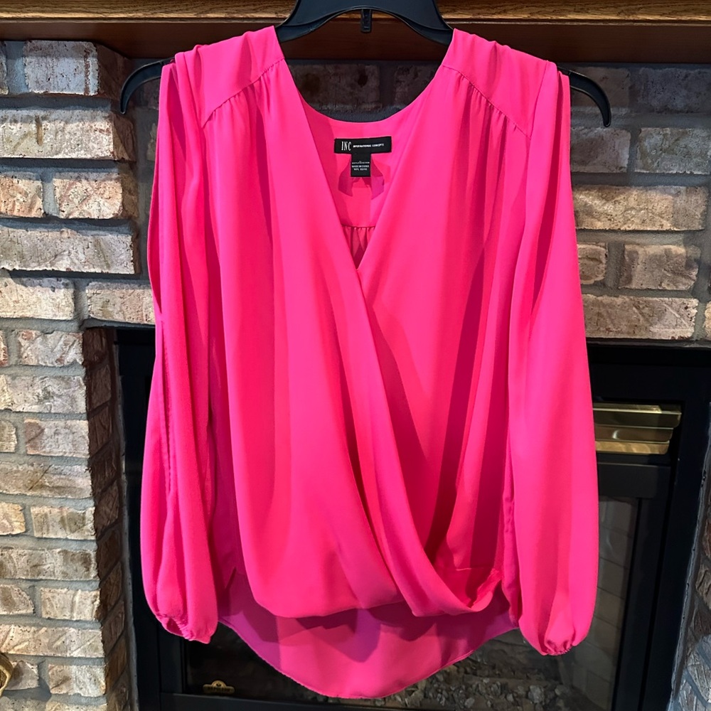 INC International Concepts Pink Wrap Blouse with 3/4 Sleeves and Cold Shoulder